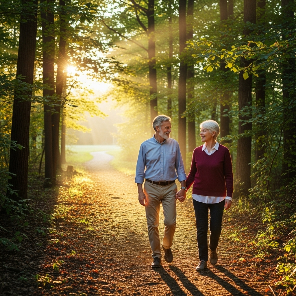 Longer Life: 1 Breakfast Timing Habit for Longevity 4 An older, healthy couple enjoying a walk in nature, a result of habits that promote a longer life.