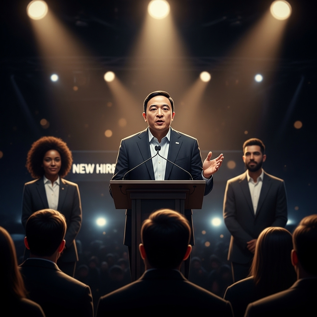 Two high-profile Cuomo hires join with 8 weeks to NYC race 3 Andrew Yang speaking at a podium with his two high-profile new hires visible in the background.