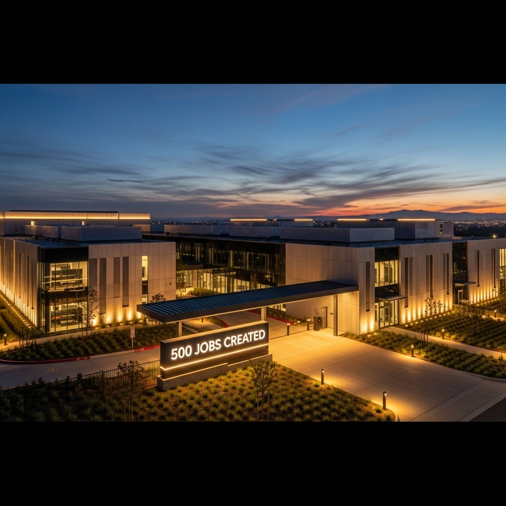 500 Jobs vs. Pushback on NC's $6.4B Data Center Plan 2 Architectural rendering of a modern data center campus with a sign indicating 500 jobs will be created.