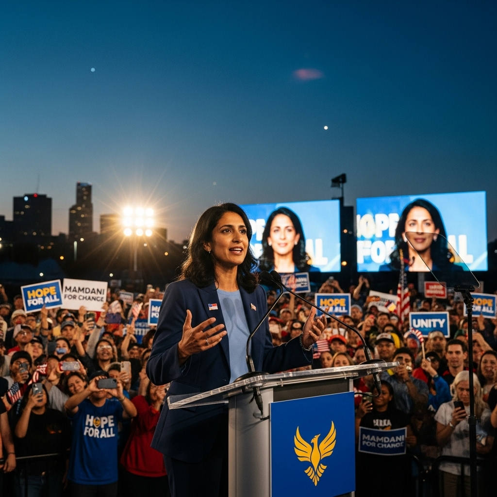 New Polls: Mamdani's 15-Point Lead Weeks From Election 3 Asha Mamdani speaking at a campaign rally, with a diverse crowd visible in the background reflecting the new polls data.