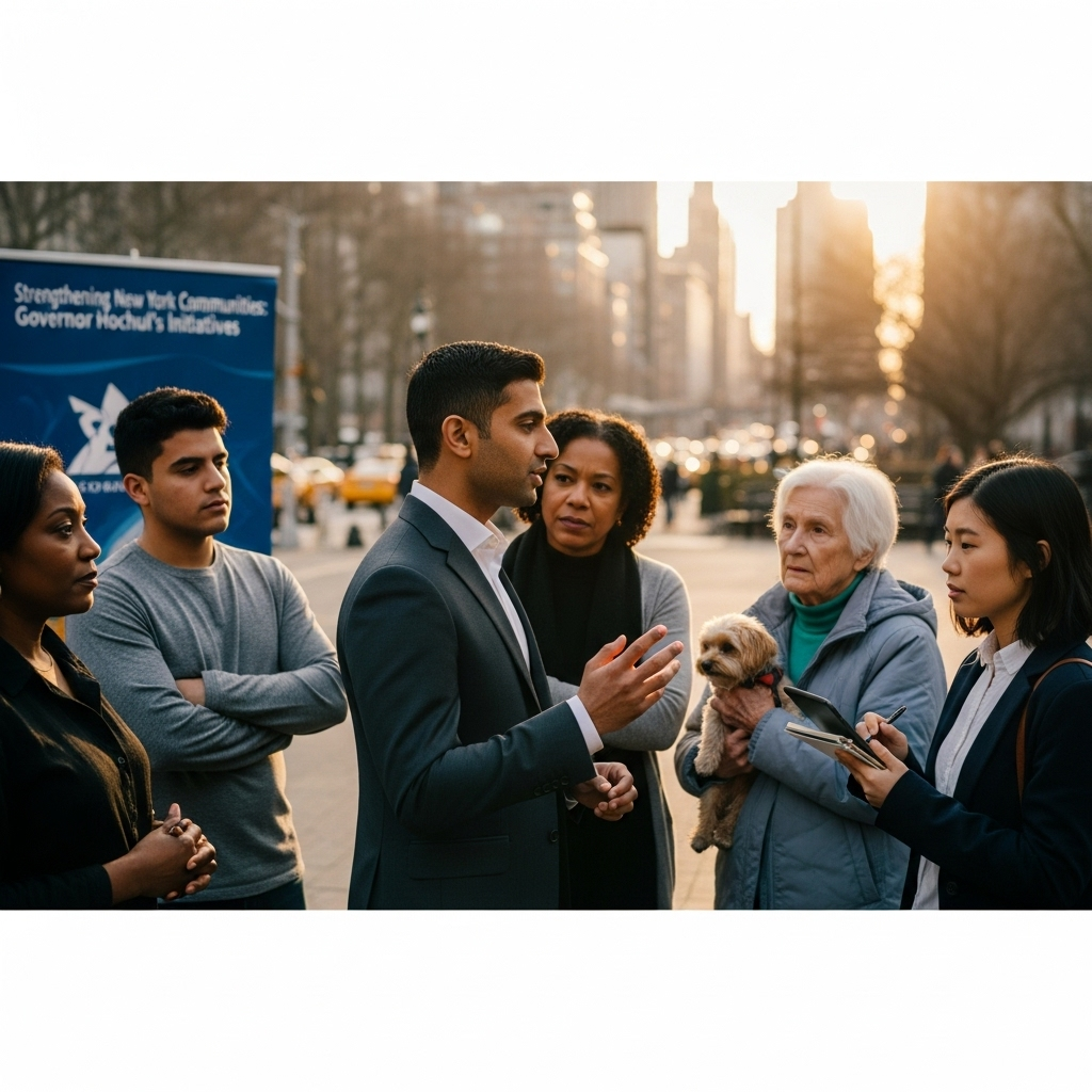 New York Governor Hochul: 1 Big Endorsement for Mamdani 4 Assemblymember Zohran Mamdani speaking with constituents, with the support of New York Governor Hochul's policies being a topic of discussion.