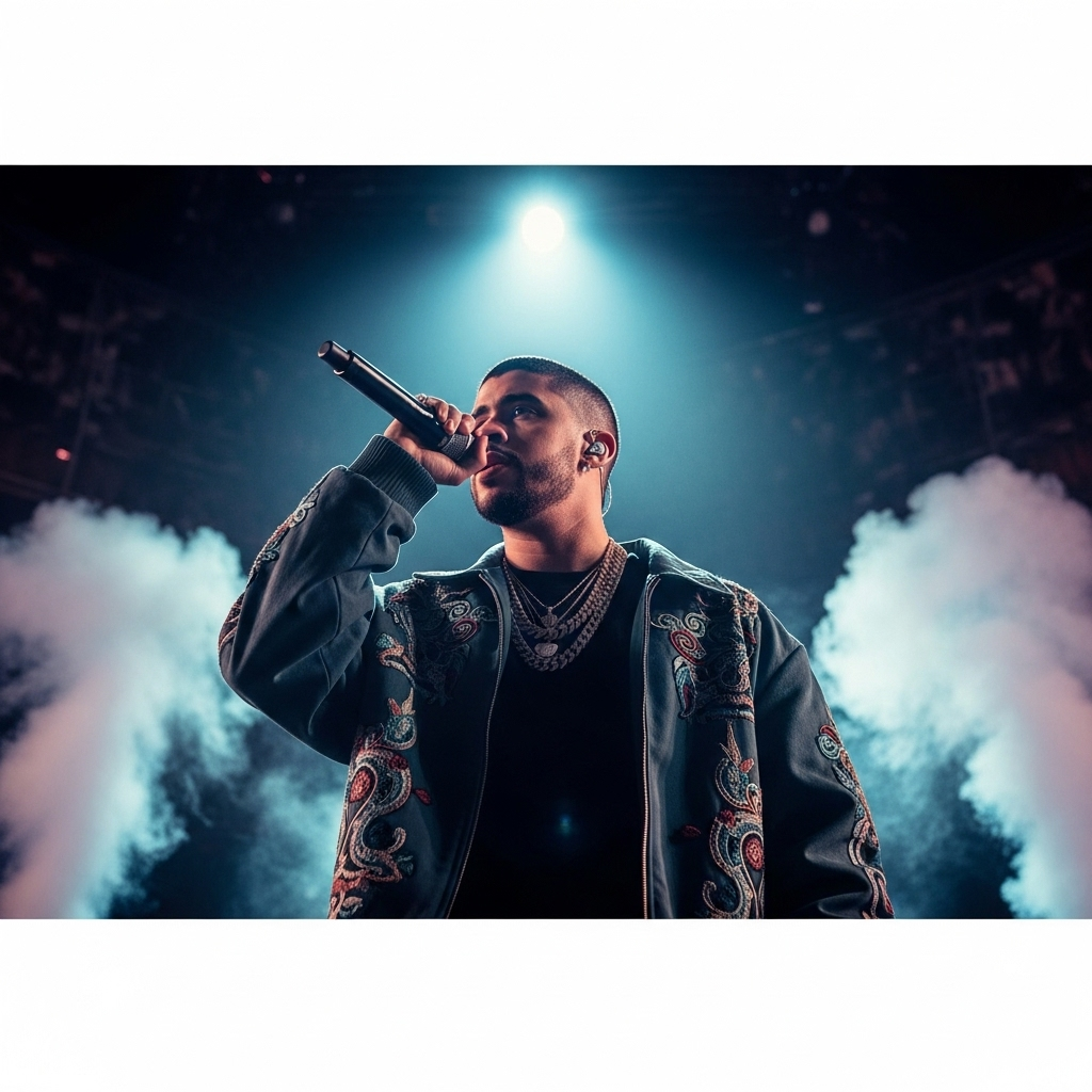 No US Tour in 2024: Bad Bunny's Stand Against ICE Raids 2 Bad Bunny on stage with a serious expression, microphone in hand.