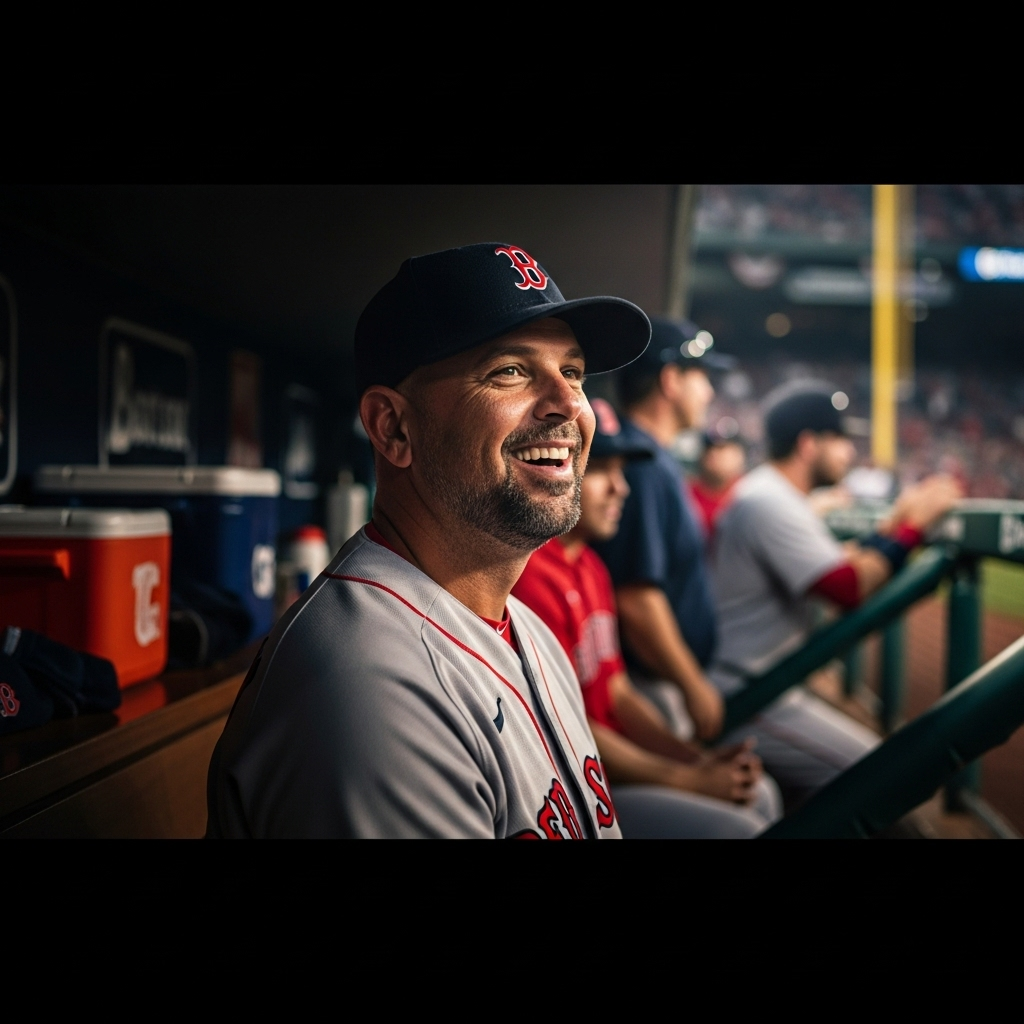 Six-Run Inning Lifts Red Sox Over Astros in 8-5 Win 4 Boston Red Sox manager Alex Cora smiling in the dugout during the game-changing six-run inning.