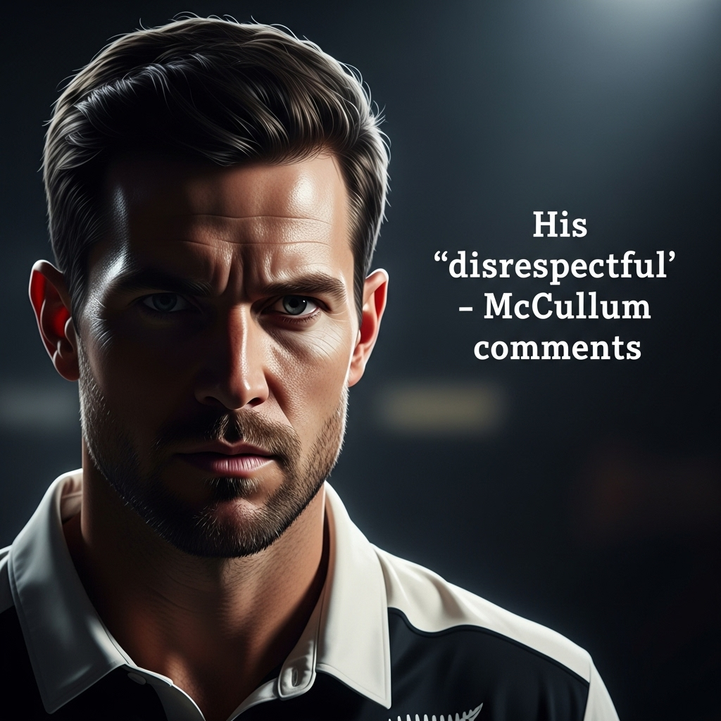 ‘disrespectful' - mccullum on 3 recent player actions 2 Brendon McCullum looking stern, with text overlay about his ‘disrespectful' - mccullum comments.