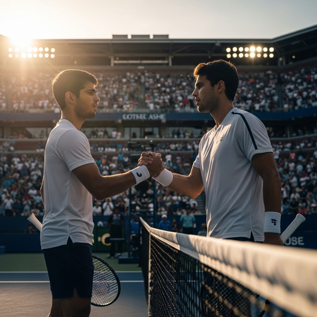Sinner Trilogy: Alcaraz Conquers in 5-Set US Open Win 2 Carlos Alcaraz and Jannik Sinner shake hands at the net before the start of the epic Sinner trilogy final at the US Open.