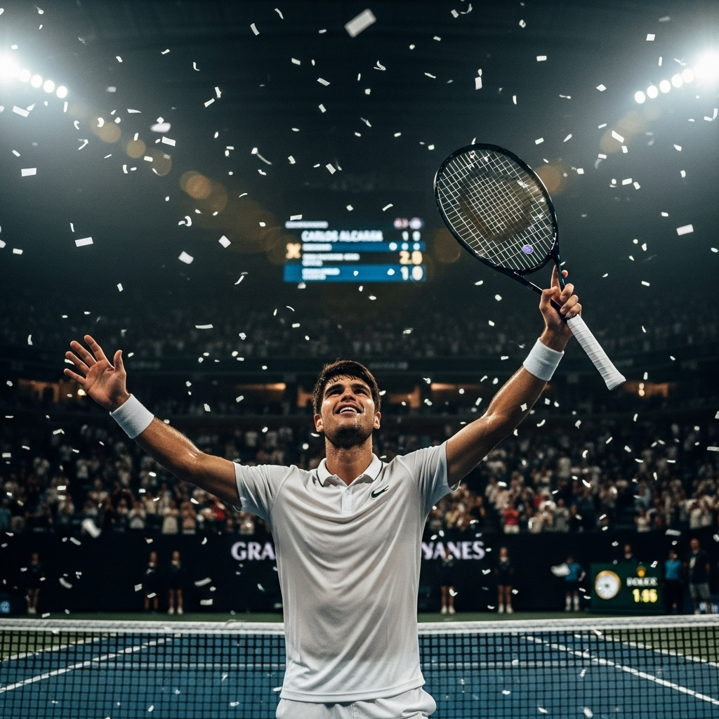 Men's Tennis Legends: How Alcaraz Ranks at Age 22 2 Carlos Alcaraz celebrating a Grand Slam win, on his way to becoming one of the men's tennis legends.
