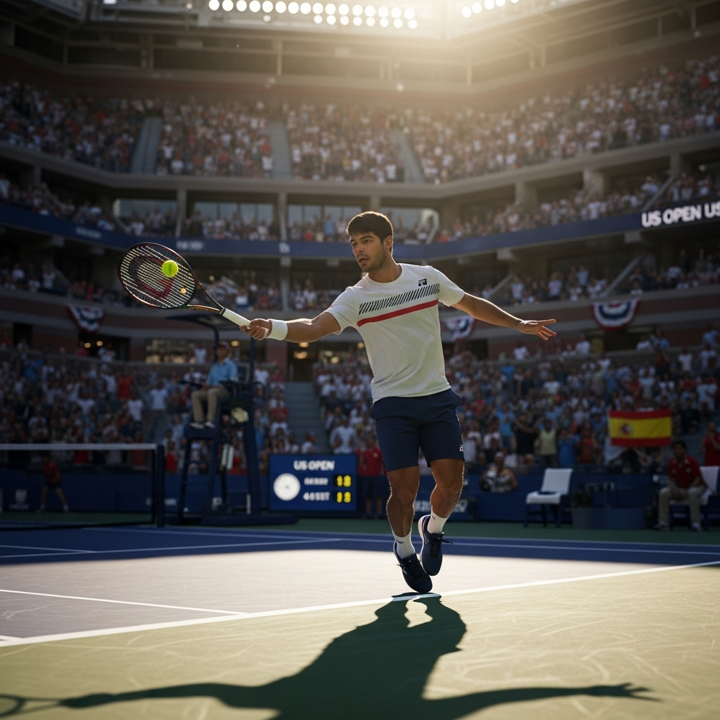 Four Sets: Alcaraz Claims 1st US Open in Epic Final 2 Carlos Alcaraz hitting a powerful forehand during the US Open final which he won in four sets.