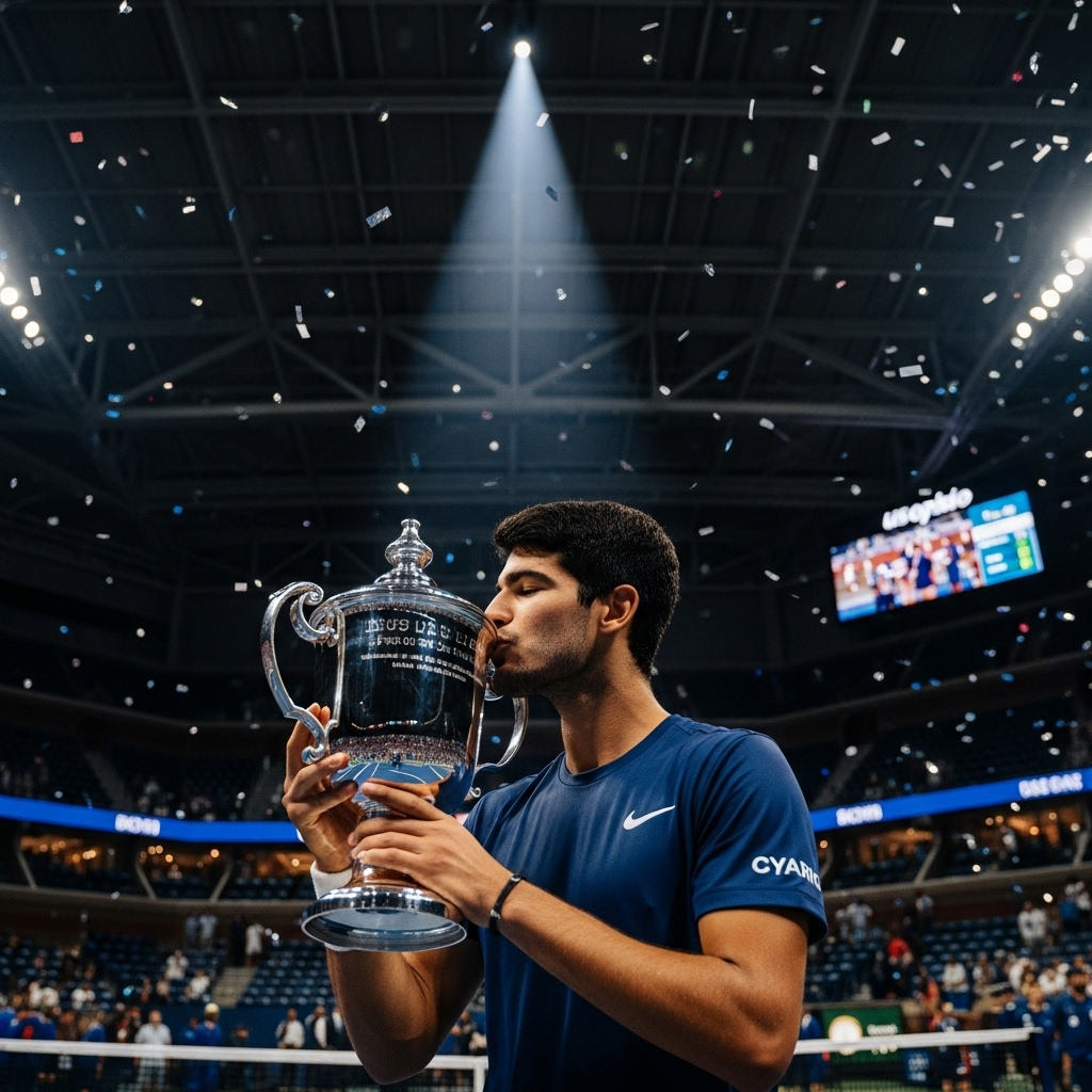 Sinner Trilogy: Alcaraz Conquers in 5-Set US Open Win 4 Carlos Alcaraz kisses the US Open trophy after his victory in the final match of the Sinner trilogy.