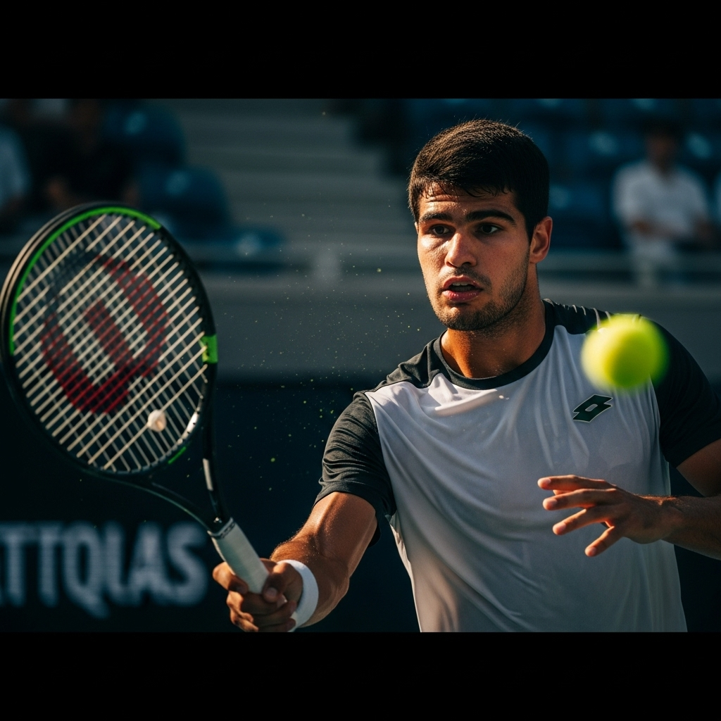 Men's Tennis Legends: How Alcaraz Ranks at Age 22 4 Carlos Alcaraz looking focused during a match, demonstrating the mental fortitude required of all men's tennis legends.