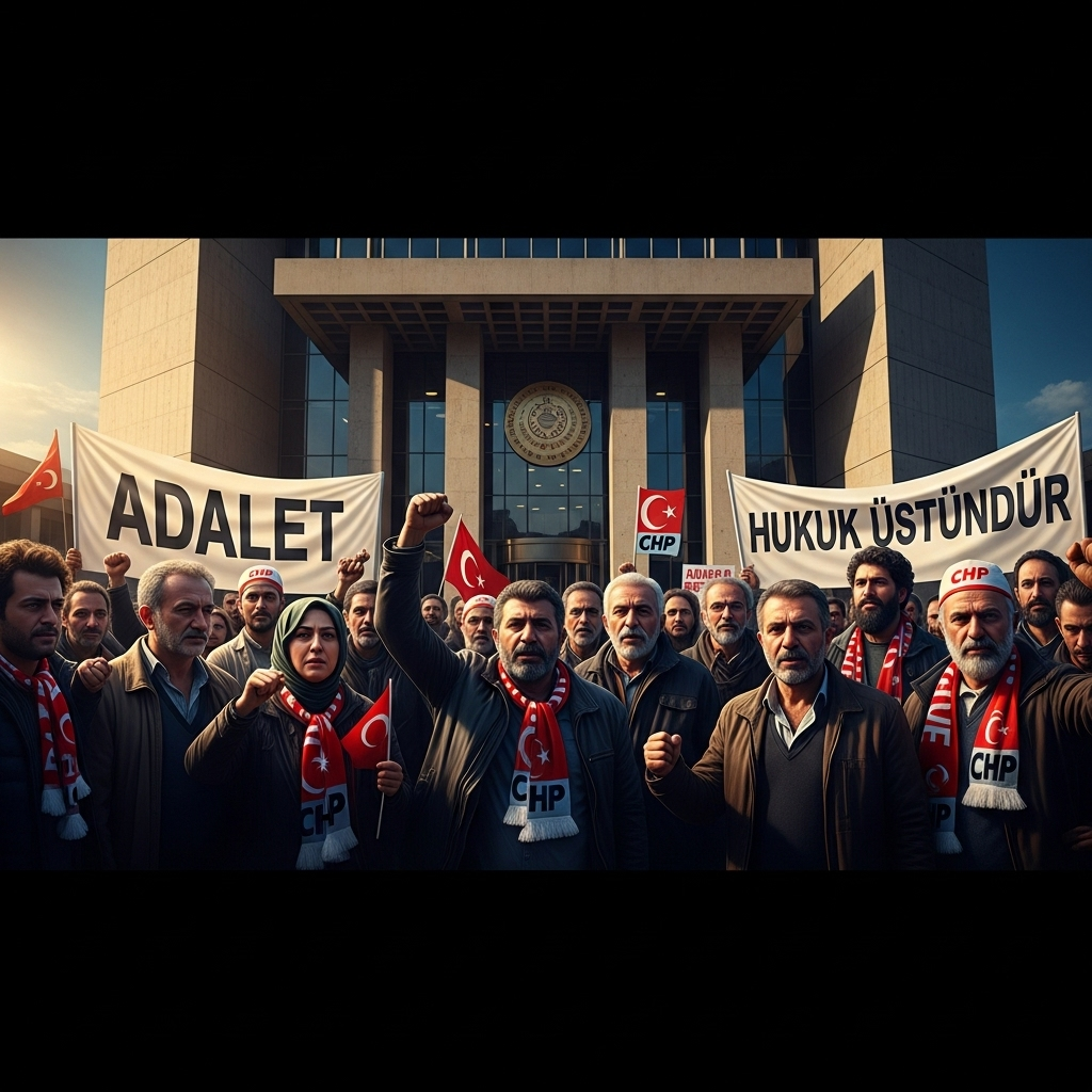 Turkiye Court Delays 1 Major CHP Opposition Party Case 3 CHP party members protesting outside a turkiye court, holding banners.