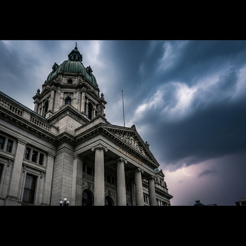 Police Policy Question: Mamdani's 1 Answer Sparks Outrage 4 City hall building with storm clouds gathering overhead, symbolizing the political storm over the police policy question.