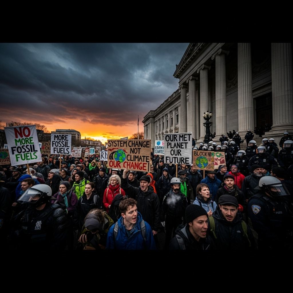 'Block Everything' Protests: Over 200 Arrested in France 2 Climate activists holding banners during the 'block everything' protests in front of a government building.