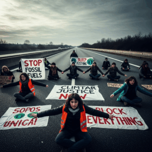 climate activists sitting on a major highway holding banners during the block everything protests in france 0