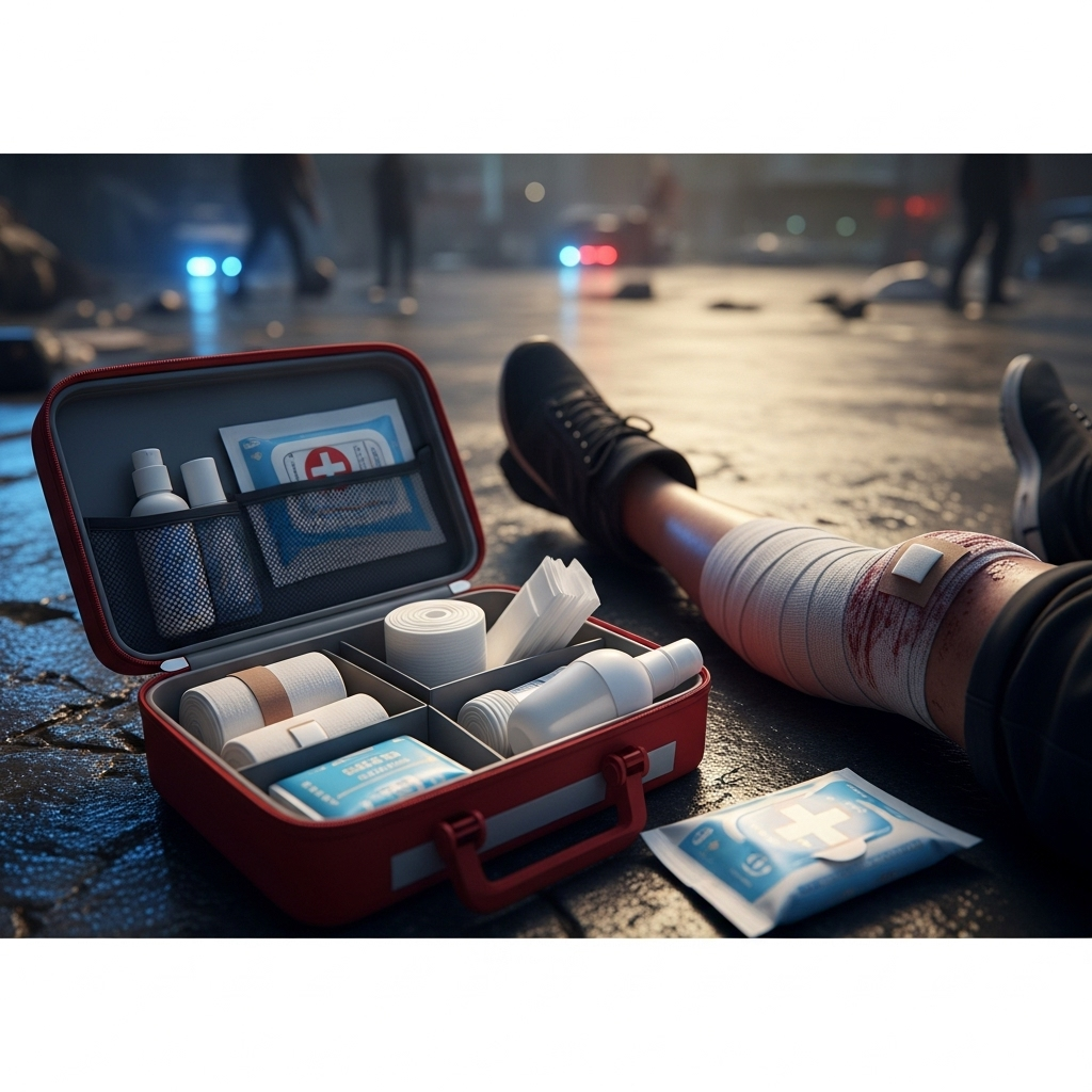 Injured Protester: 1 German Police Tactic Scrutinized 3 Close-up of a first aid kit on the pavement next to an injured protester's bandaged leg.