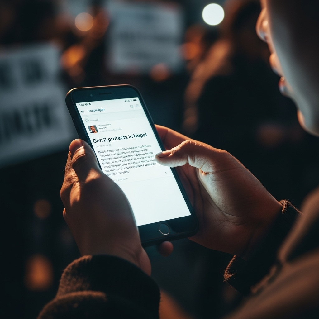 Gen Z Protests: 19 Dead in Nepal Over Corruption, Ban 3 Close-up of a young protester's hands holding a smartphone displaying a message about the Gen Z protests in Nepal.