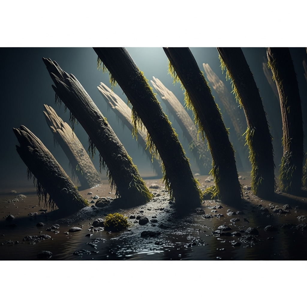 Mystery Ship: 1 Florida Man's Amazing Mud Flat Find 3 Close-up of the ancient wooden ribs of the mystery ship sticking out of the mud.