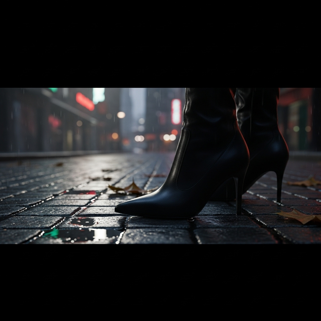 dressed-up downtown cool: 7 Ways to Own the Urban Vibe 3 Close-up on a pair of sleek black ankle boots, a key element for the dressed-up downtown cool aesthetic.