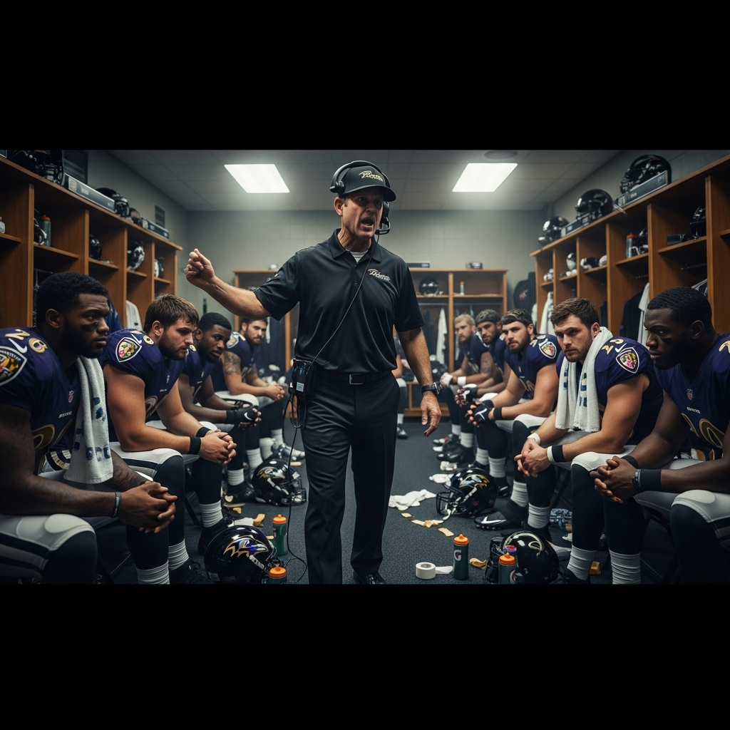 Locker Room Mistake: Ravens Lose 23-20 in Bills Shootout 3 Coach John Harbaugh addresses the team inside a tense locker room at halftime.
