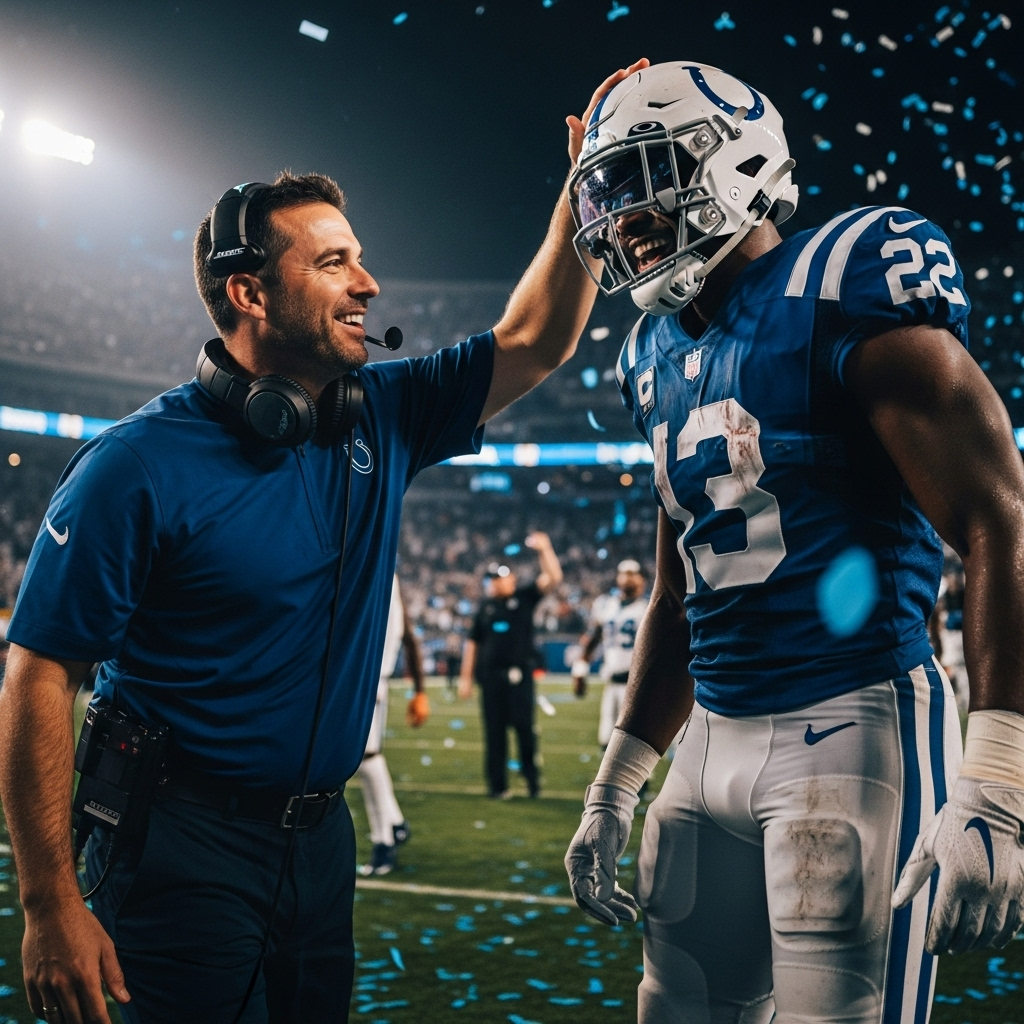 incredible colts debut: 3 TDs Silence Giants Critics 4 Colts coach Shane Steichen giving Leo Vance a celebratory pat on the helmet after his third touchdown.