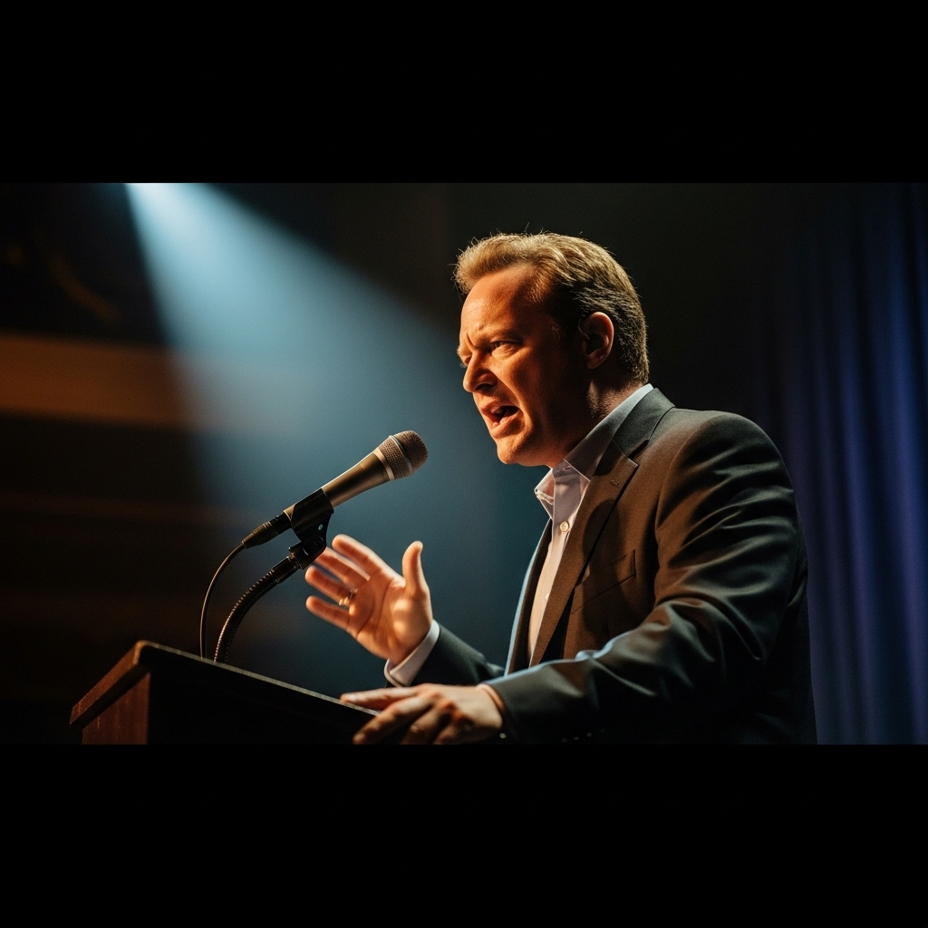 Rob Schneider: 5 Reasons He Wants Messy Conversations 2 Comedian Rob Schneider speaking passionately at a podium.