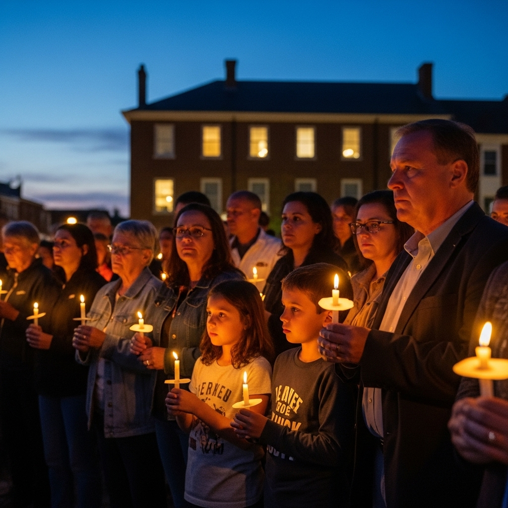 Dem governor speaks out 48 hours after refugee murder 4 Community members holding candles at a vigil, a show of support after the statement by the dem governor.