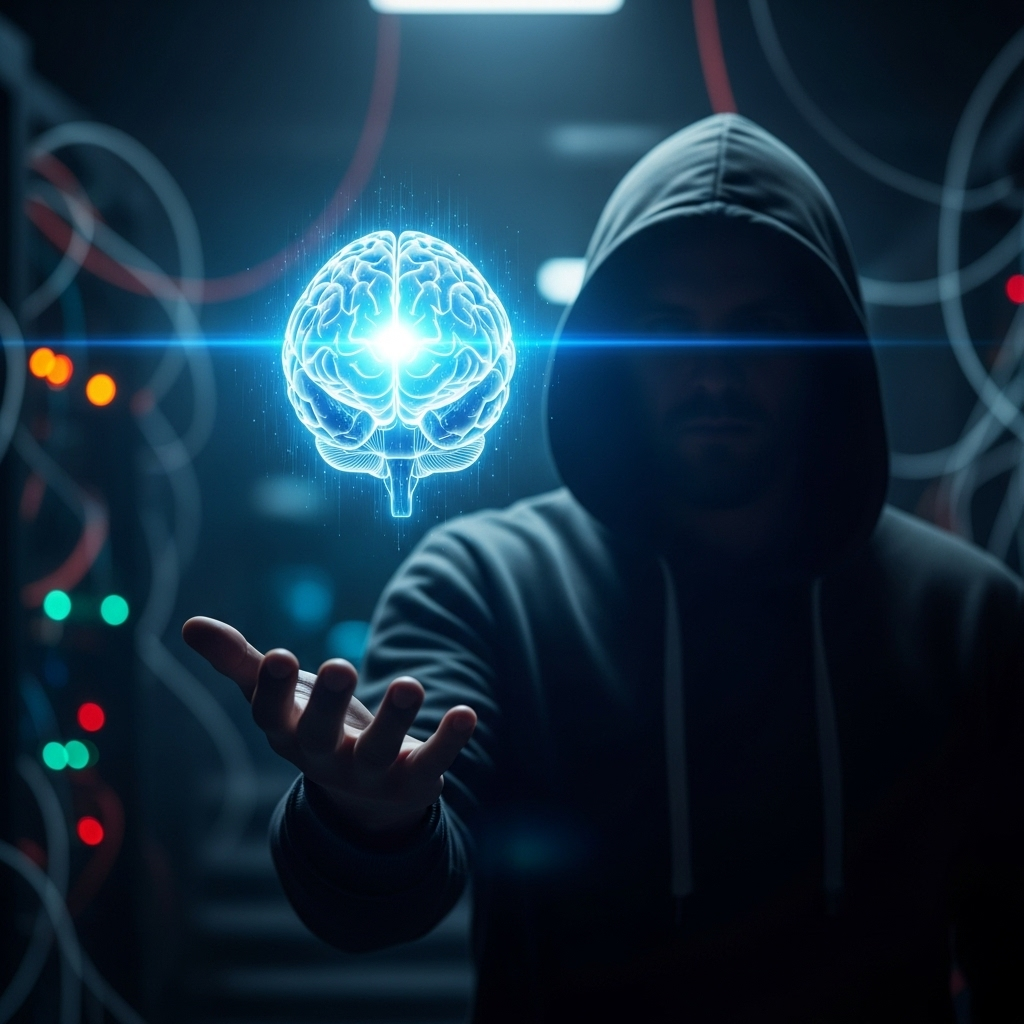 Cybercrime spree: 1 Hacker's AI Chatbot Attack Exposed 2 Conceptual image of a hooded figure and a glowing AI brain, symbolizing the start of the cybercrime spree.