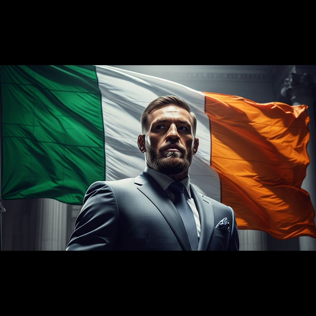 irish president: Conor McGregor Ends 2024 Campaign Bid 4 Conor McGregor in a suit, juxtaposed with the Irish flag, symbolizing his brief political ambitions.
