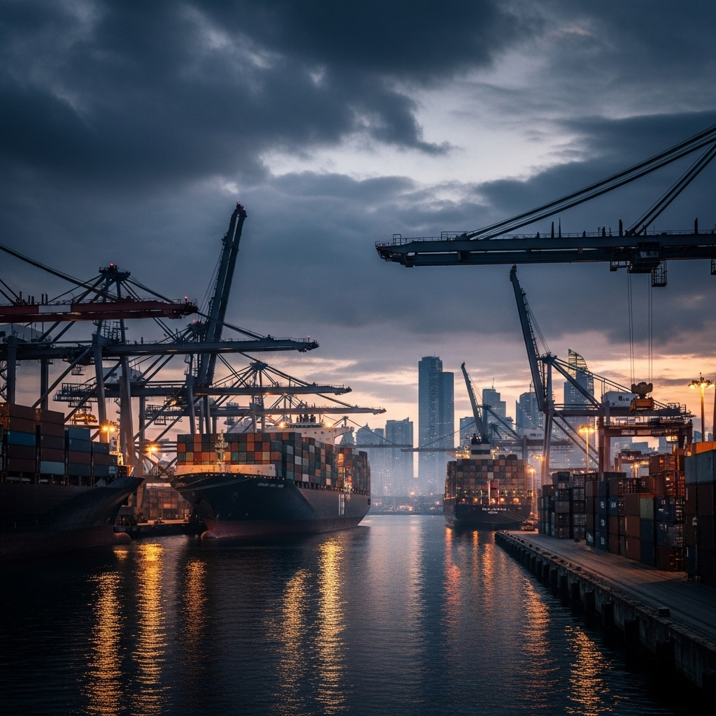 Lobbies EU: Trump Pushes 100% Tariffs on China & India 3 Container ships docked at a port, representing the global trade at risk as Trump lobbies EU partners on tariff policy.