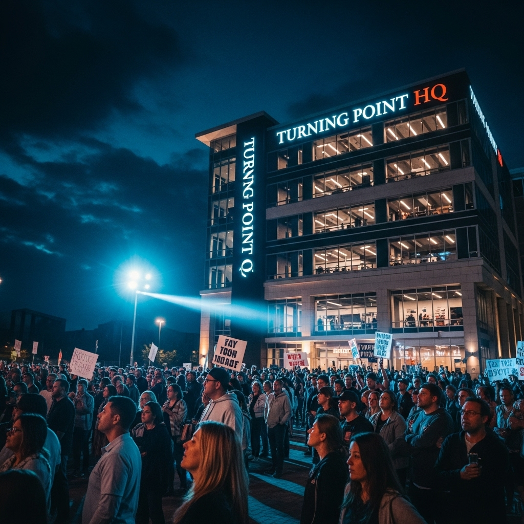 turning point hq: 1 Man Arrested at Charlie Kirk Memorial 3 Crowd of people gathered for an event in front of the turning point hq.