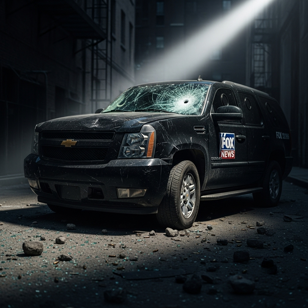 2 men arrested by FBI for attacking FOX news vehicle 2 Damaged FOX News vehicle with shattered windshield after the attack.