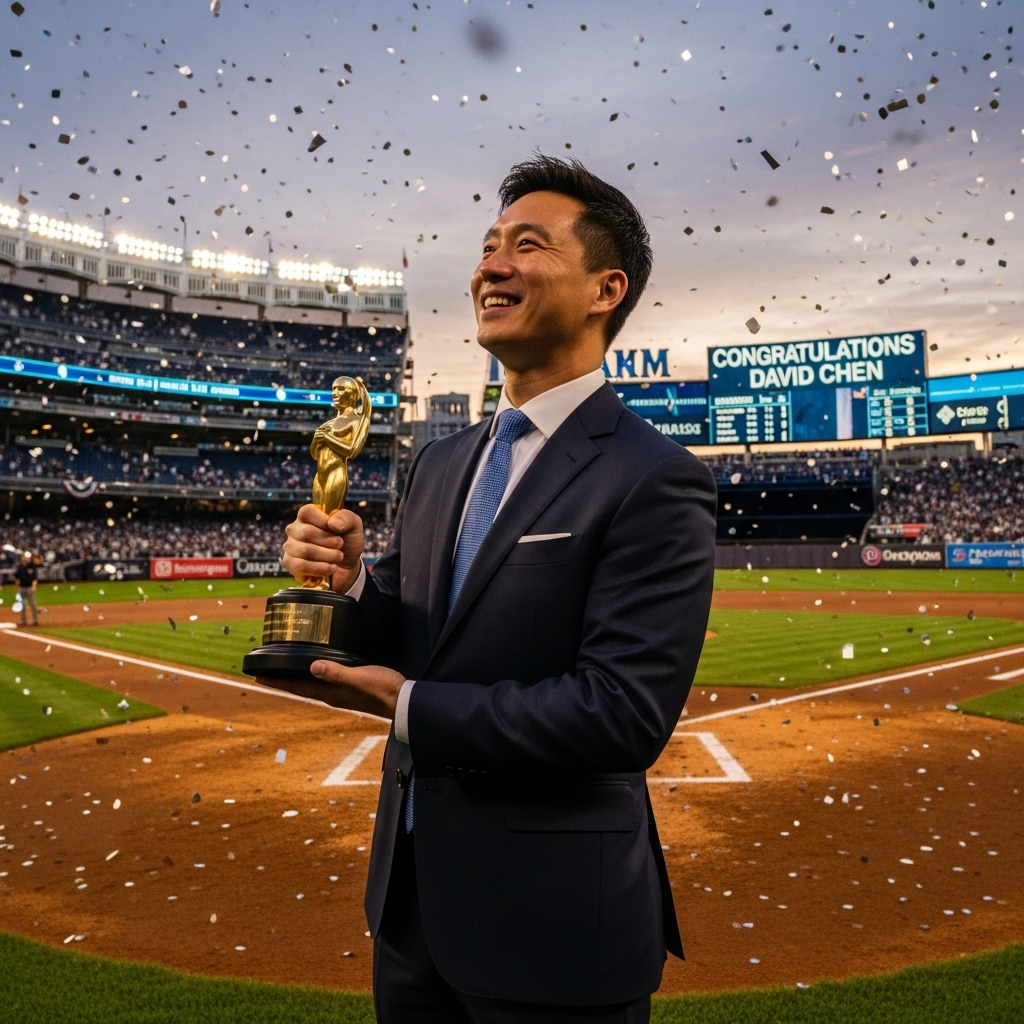 Turning Point Founder Honored by 100s at Yankees Game 3 David Chen, the Turning Point founder, smiling as he accepts an award on the field at Yankee Stadium.