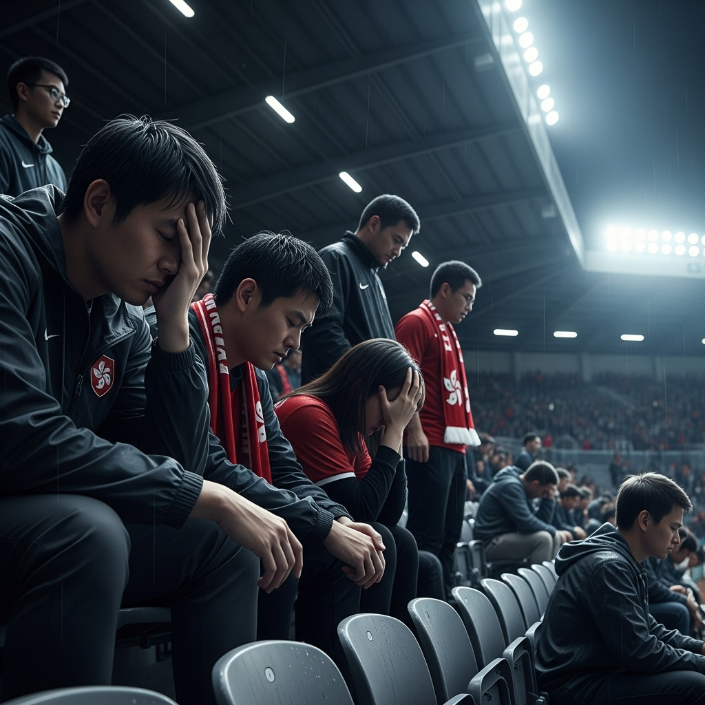 Hong Kong's Crushing Defeat in Asia Cup 2025 Opener 3 Dejected Hong Kong football fans in the stadium stands after the loss.
