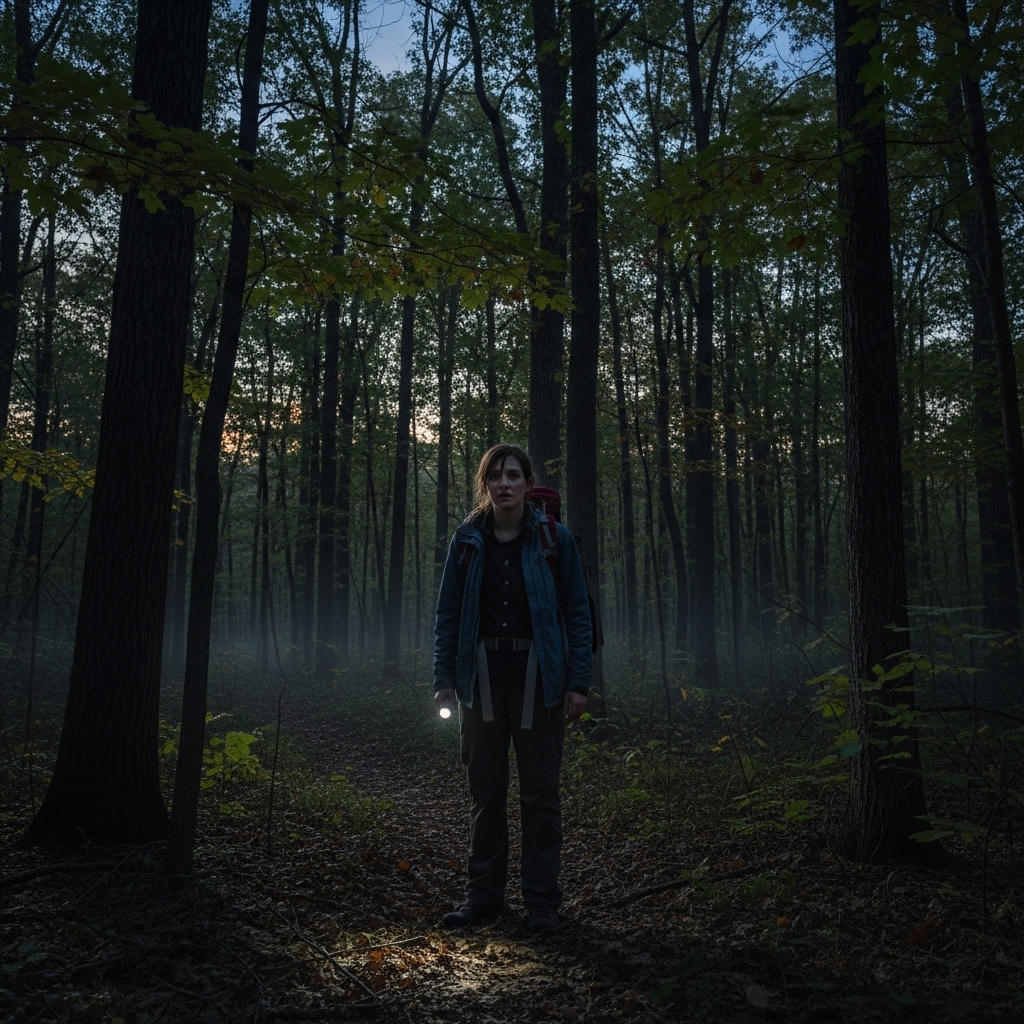 18 hours: Woman Lost in MI Woods During YouTube Contest 2 Dense Michigan forest at dusk, the start of a harrowing 18 hours for a lost woman.