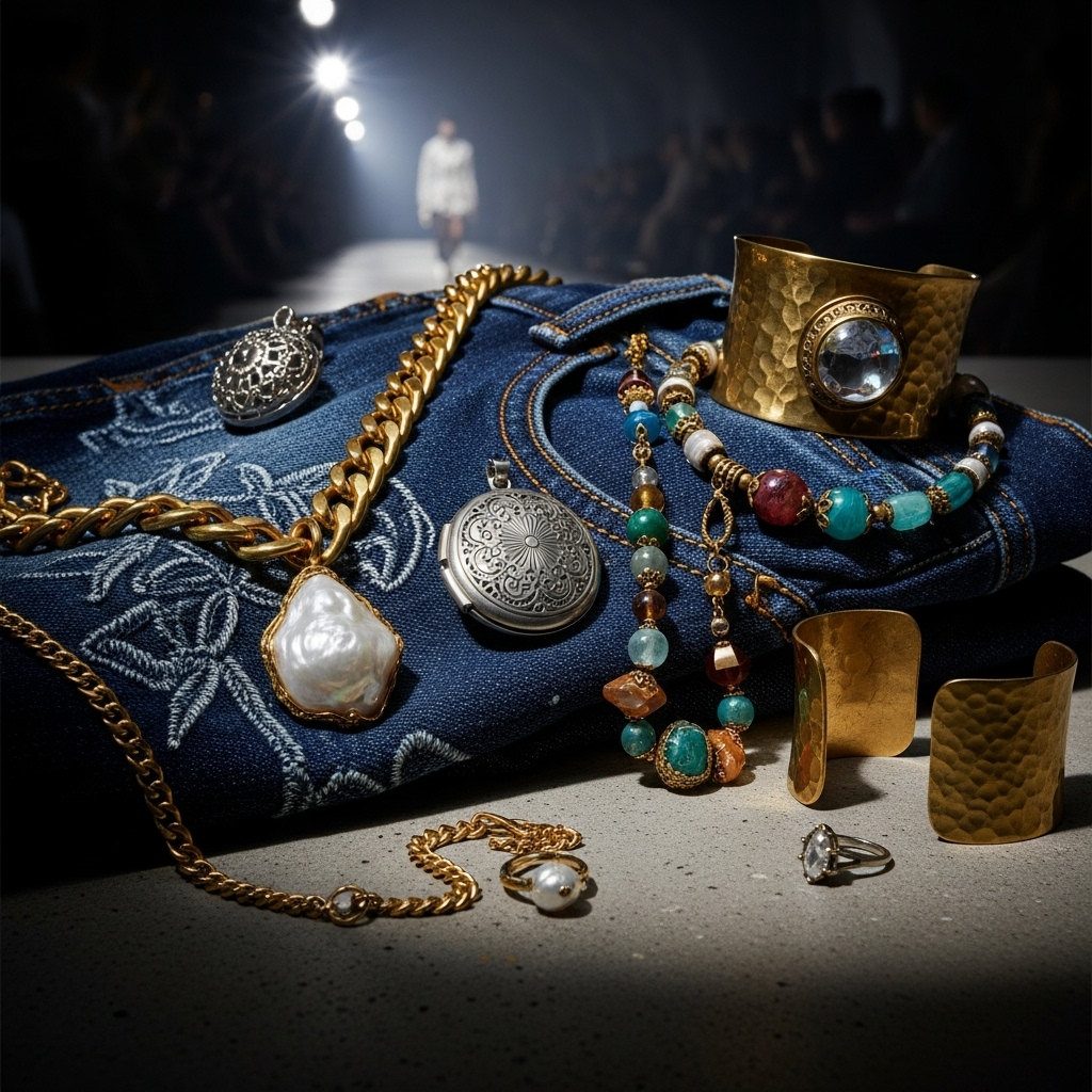 Celine Spring 2026: Scarves, Keepsakes & Top 5 Trends 3 Detailed shot of elevated denim and keepsake jewelry from the Celine spring 2026 show.