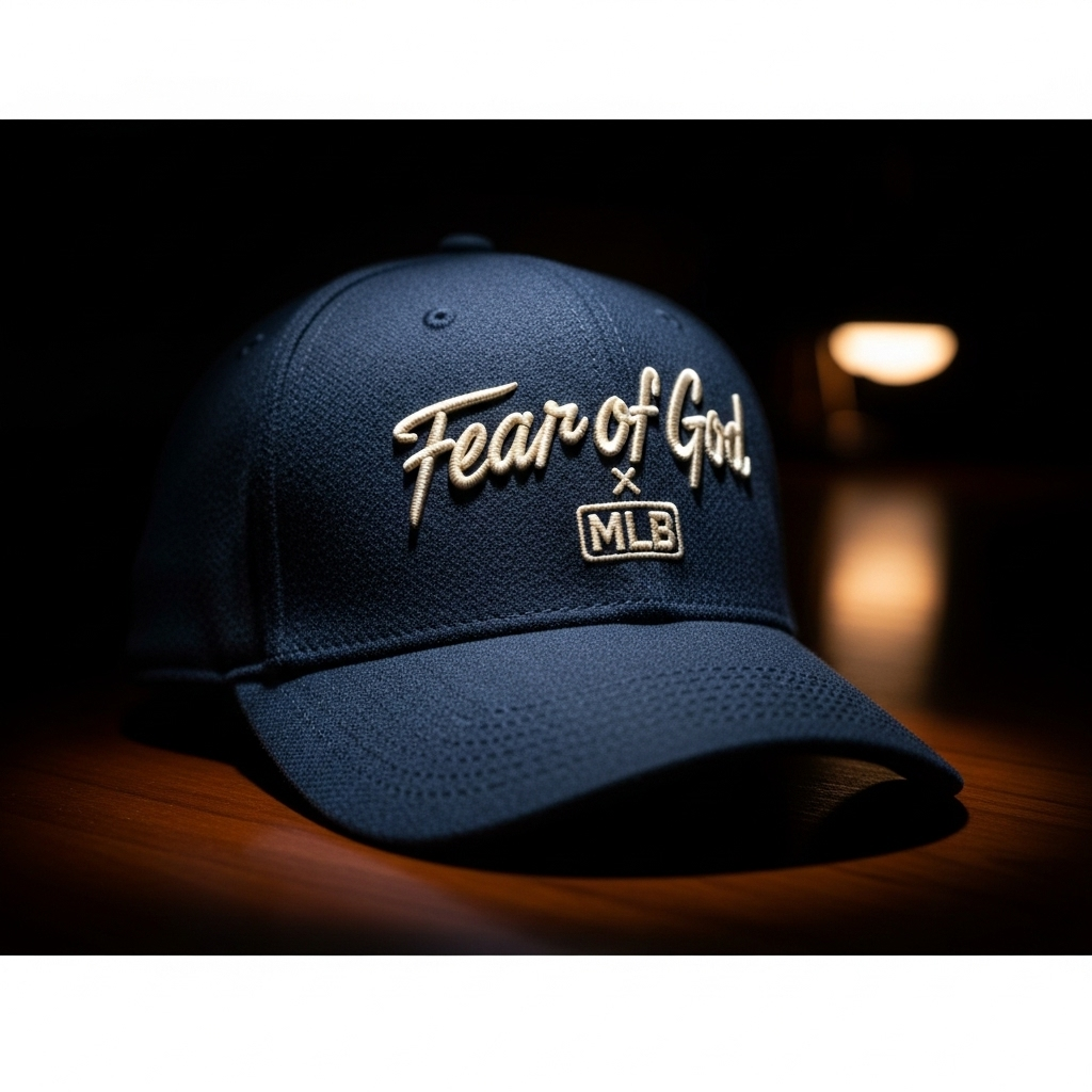Jerry Lorenzo's 2024 Fear of God x MLB Collection is Here 4 Detailed shot of the Fear of God branding on a cap from the collaboration with MLB, a collection envisioned by Jerry Lorenzo.