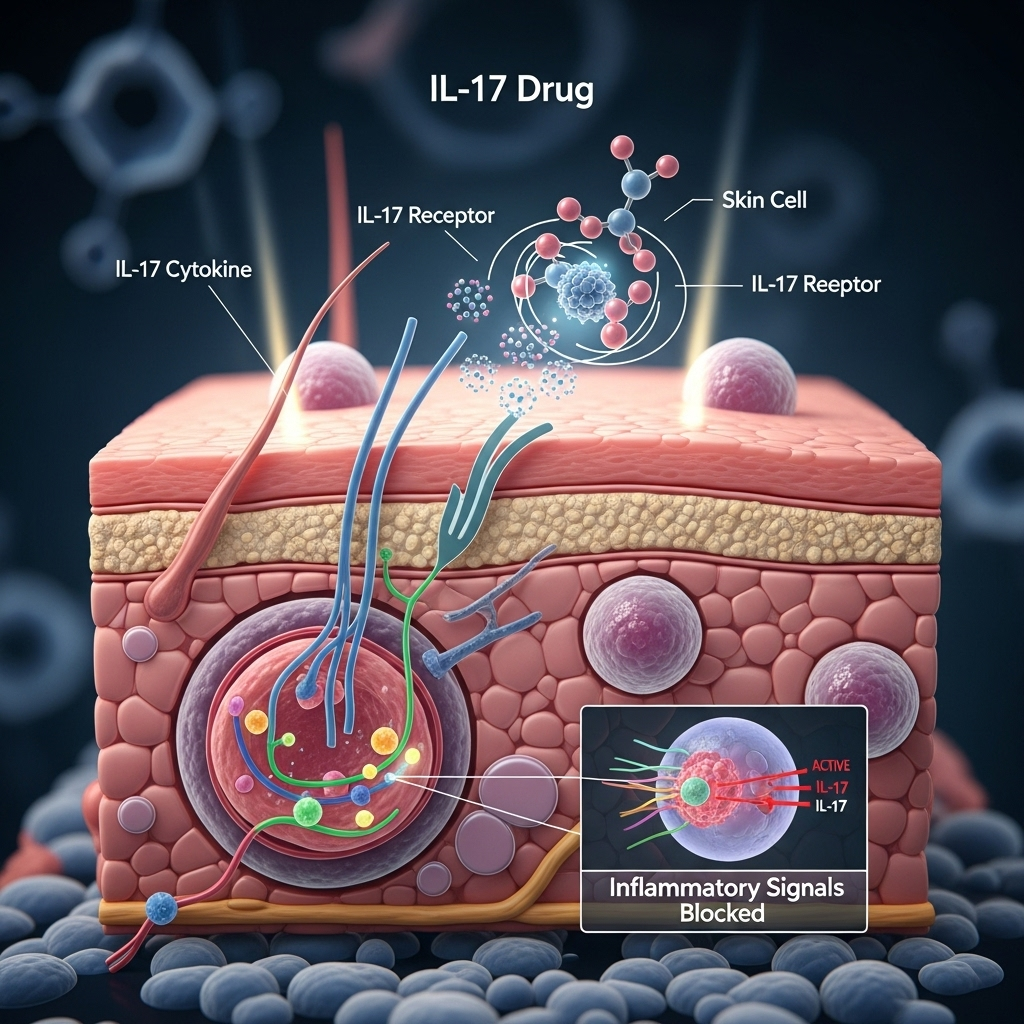 IL-17 Drug Phase 3 Success for Junshi's Psoriasis Med 2 Diagram showing how an il-17 drug blocks inflammatory signals in skin cells.