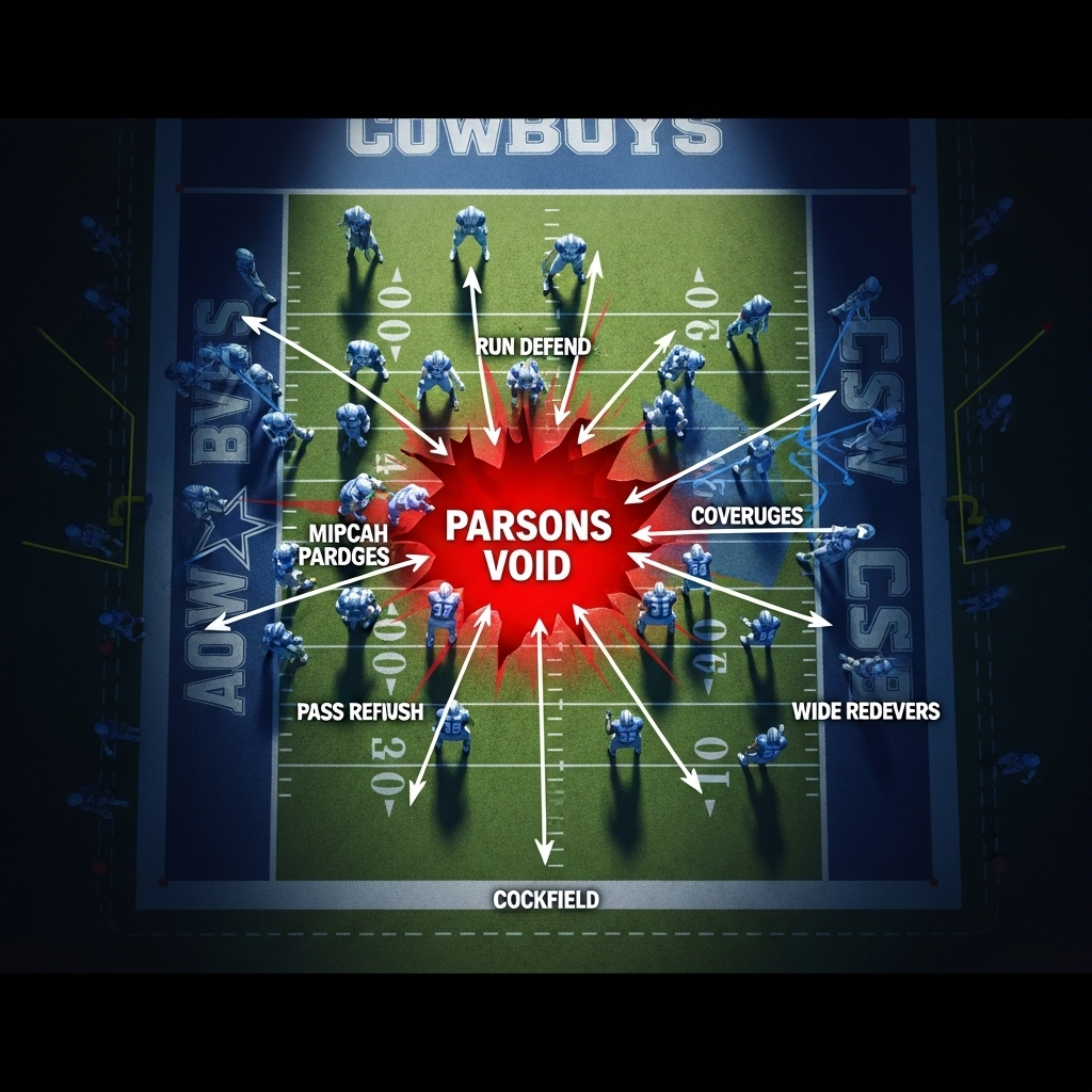Huge Hole: Can 1 Player Fix Cowboys' Parsons Problem? 2 Diagram showing the huge hole in the Dallas Cowboys defensive formation without Micah Parsons at linebacker.