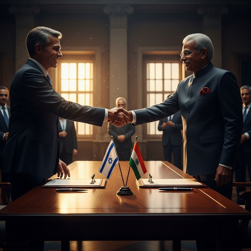 New Delhi: Israel & India Sign 1 Major Investment Deal 2 Dignitaries from Israel and India shaking hands at the signing ceremony in New Delhi.