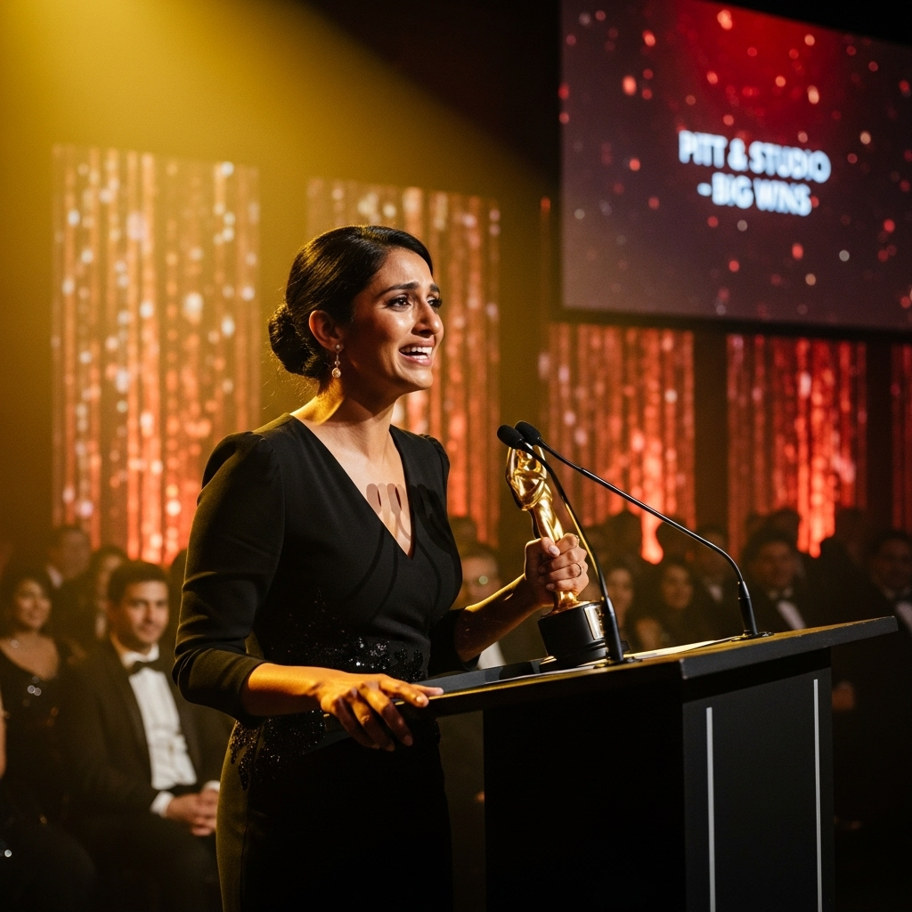 Big Wins: 7 Highlights from the Emmys for Pitt & Studio 3 Director Anya Sharma giving her acceptance speech, one of the many big wins for Pitt & Studio.