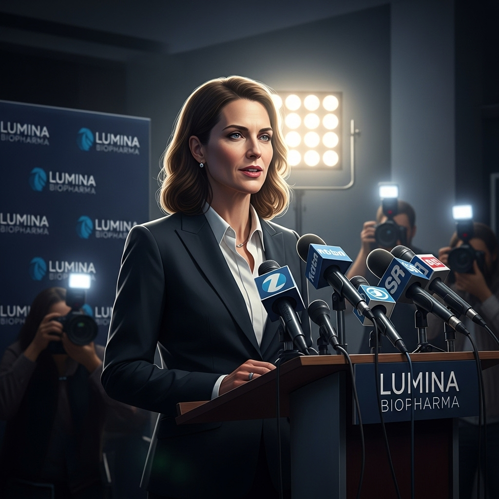 CEO Post: Pfizer Vet Leads 1 New Phase 3 Biotech Firm 2 Dr. Eleanor Vance speaks at a press conference about her new ceo post at Lumina Biopharma.