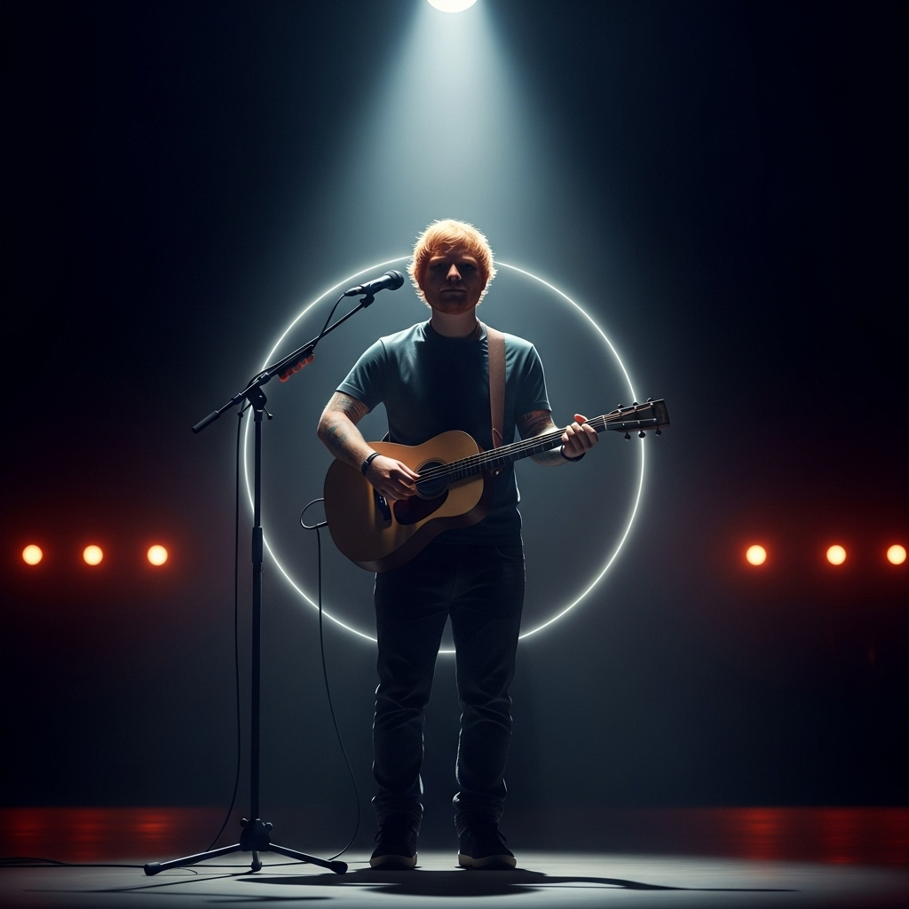 his crown: 5 Ways Ed Sheeran Can Reclaim Pop Royalty 2 Ed Sheeran on a dimly lit stage with his guitar, a symbolic image of him preparing to reclaim his crown.