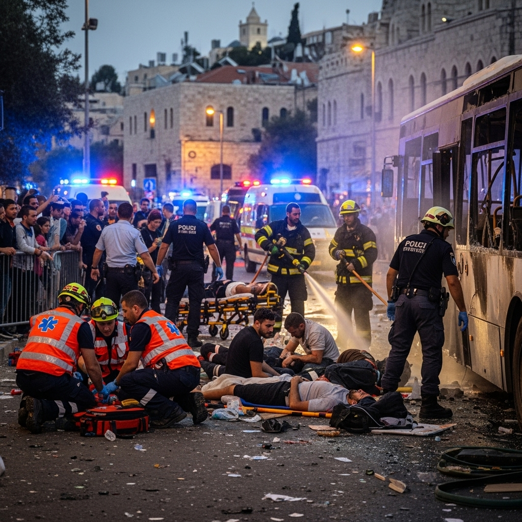multiple people killed in Jerusalem bus shooting, 8 wounded 2 Emergency responders attending to the scene where a bus attack injured multiple people in Jerusalem.