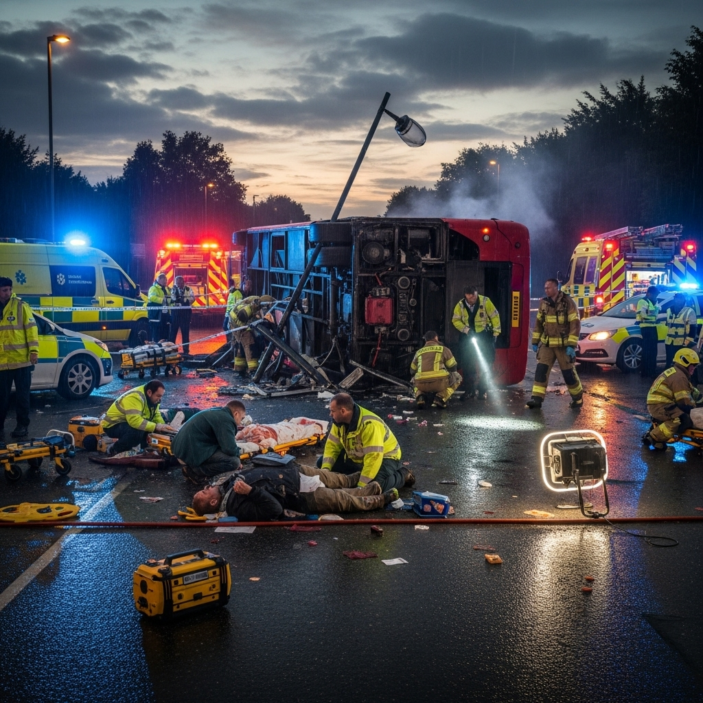 Double-Decker Bus Hit by Train, Killing 10 in Mexico 3 Emergency services and paramedics attending to the injured at the scene of the double-decker bus crash.