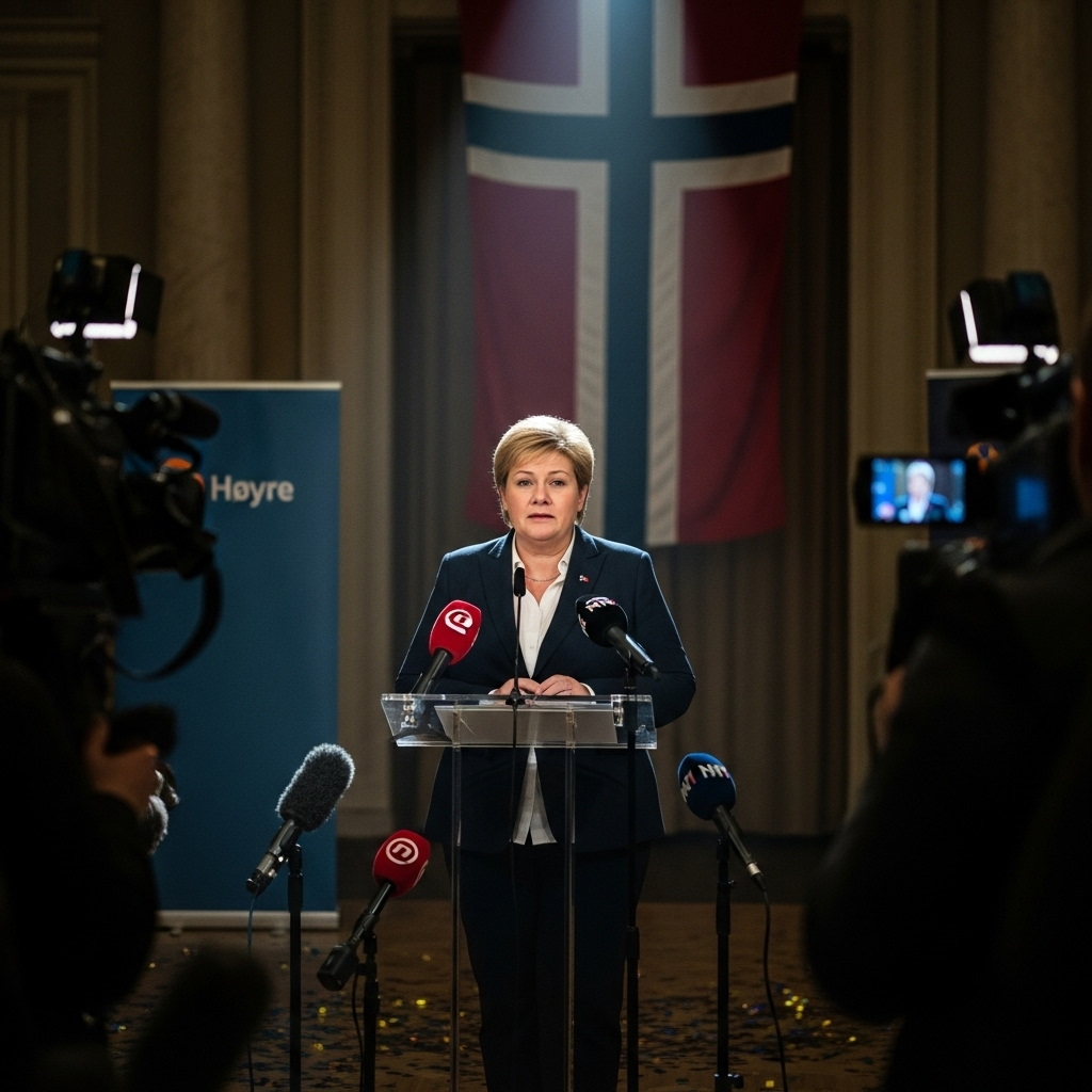 Vote Win: Norway's Left Secures 1st Place in Election 4 Erna Solberg giving a concession speech after the definitive vote win for the opposition parties.