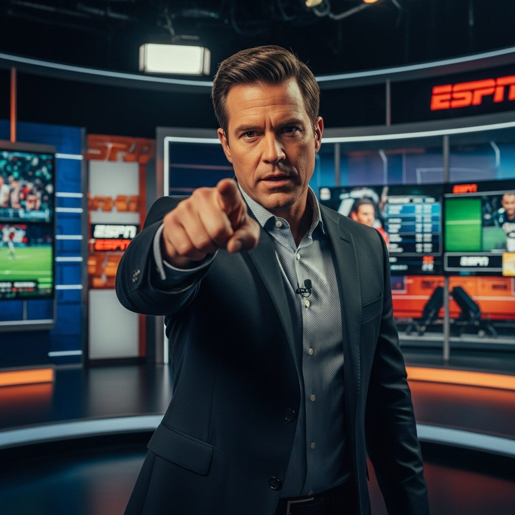 His Beliefs Are Irrelevant: 1 ESPN Host Erupts on Murder 2 ESPN host Marcus Thorne on the set of his show, pointing at the camera for emphasis.