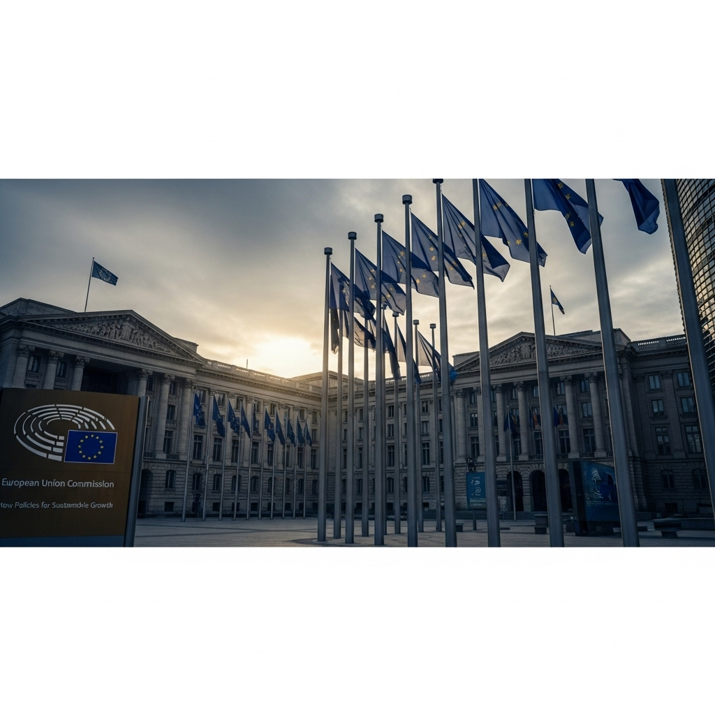 Huge Drop: EU Asylum Applications Fall 23% in 2025 3 European Union flags outside a building, symbolizing the new policies contributing to the huge drop in applications.