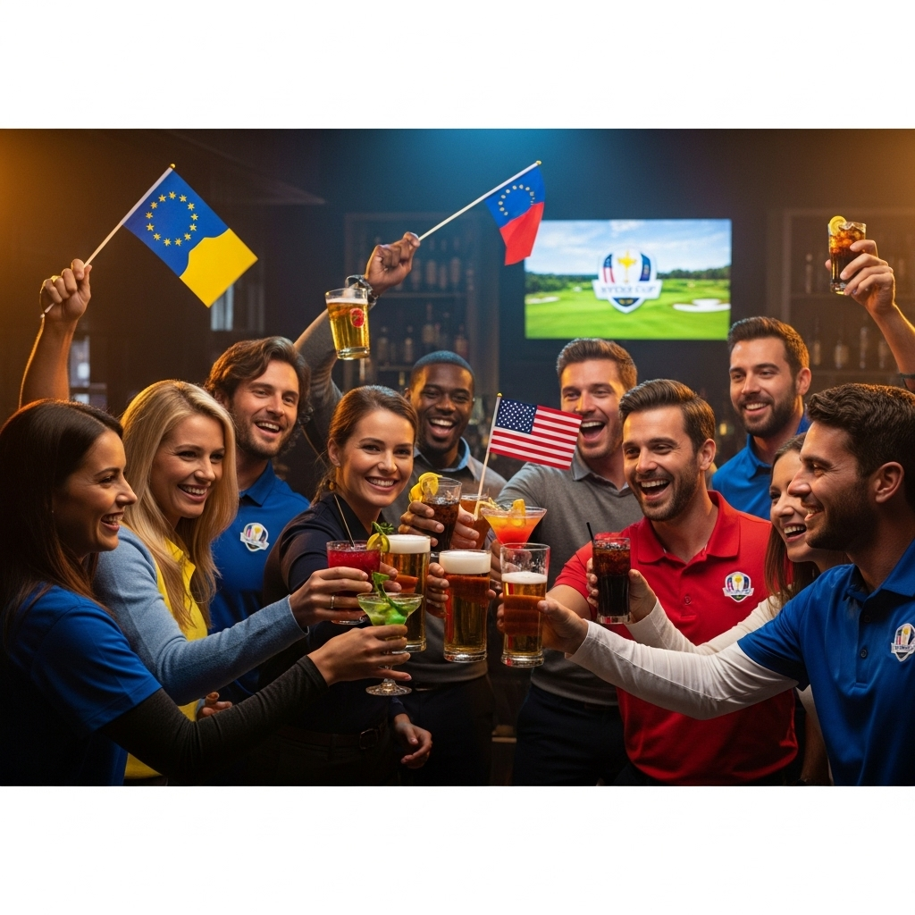 Timely Ryder Cup Reminder: 5 Ways Irish Fans Stole the Show 4 Fans from Europe and the USA enjoying a drink together, embodying the spirit of the Ryder Cup.
