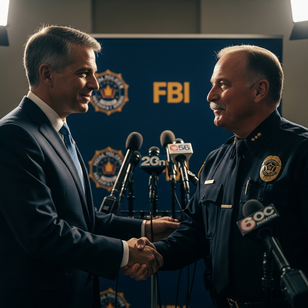 FBI chief: 5 Key Updates on the Kirk Shooting Hunt 3 FBI chief Christopher Wray shaking hands with a local police commissioner at the press event.