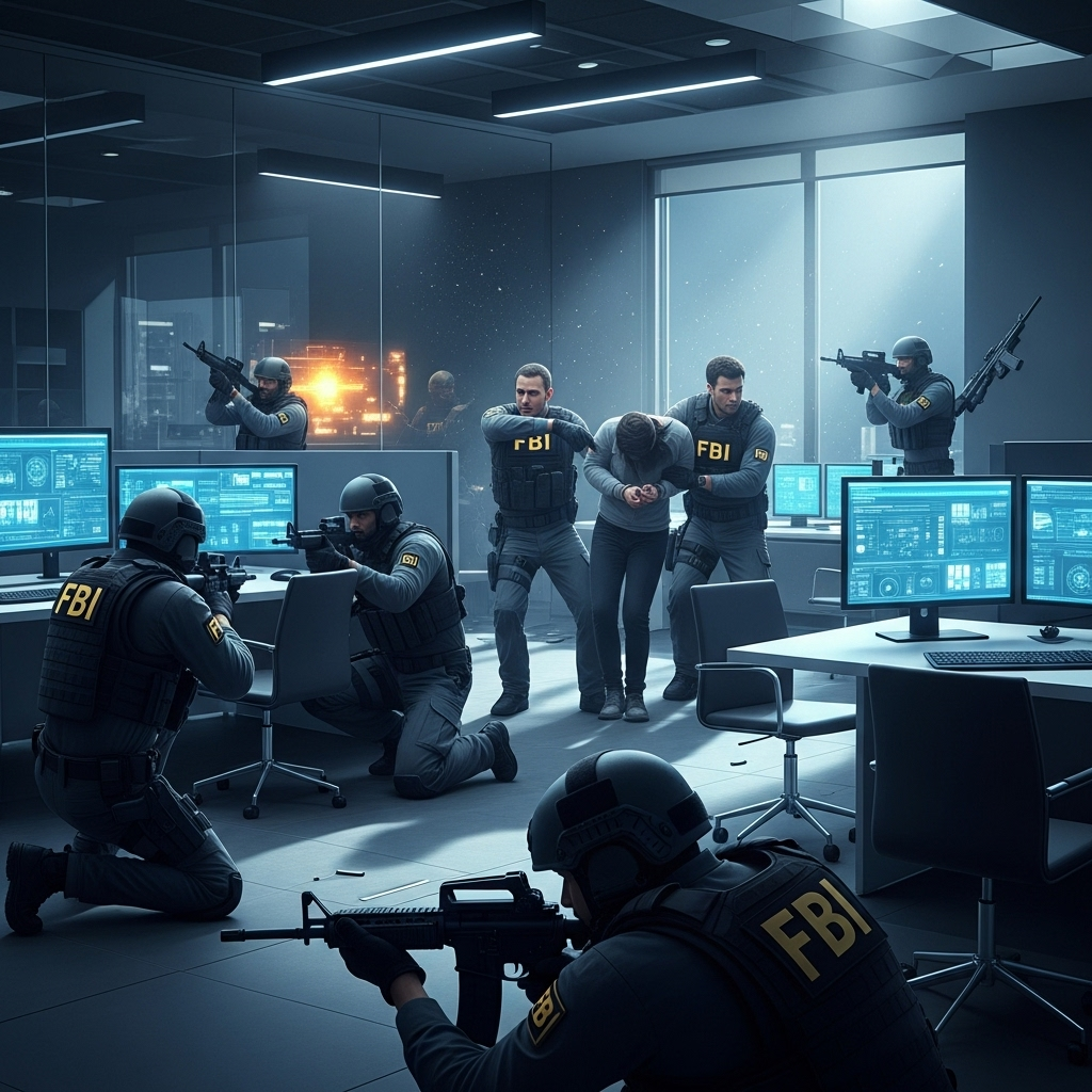 Public Enemy Number One Busted in $11M Fed Operation 2 Federal agents in tactical gear securing a high-tech office, representing the capture of the new public enemy number.