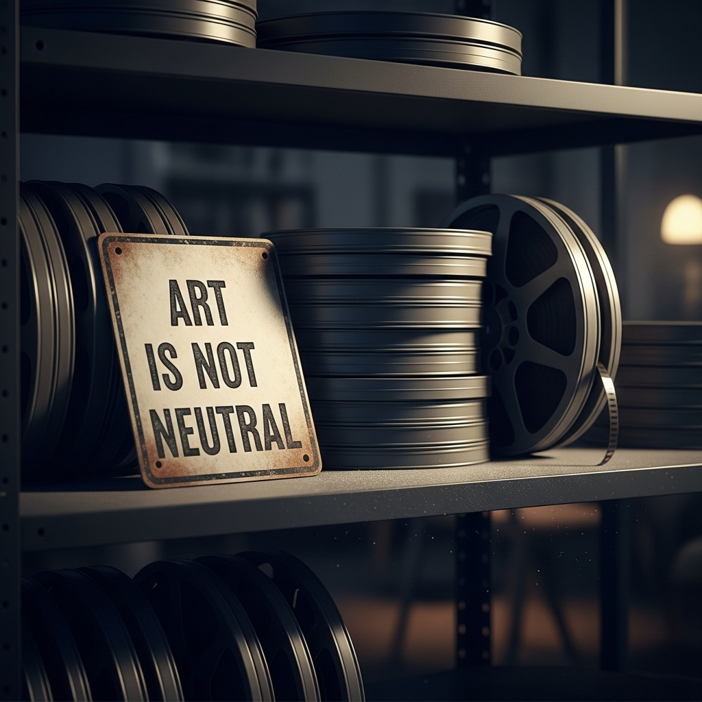 Vow Boycott: 1,300+ Artists Shun Israeli Film Groups 4 Film reels on a shelf with a sign that says 'Art is not neutral,' symbolizing the vow boycott debate.